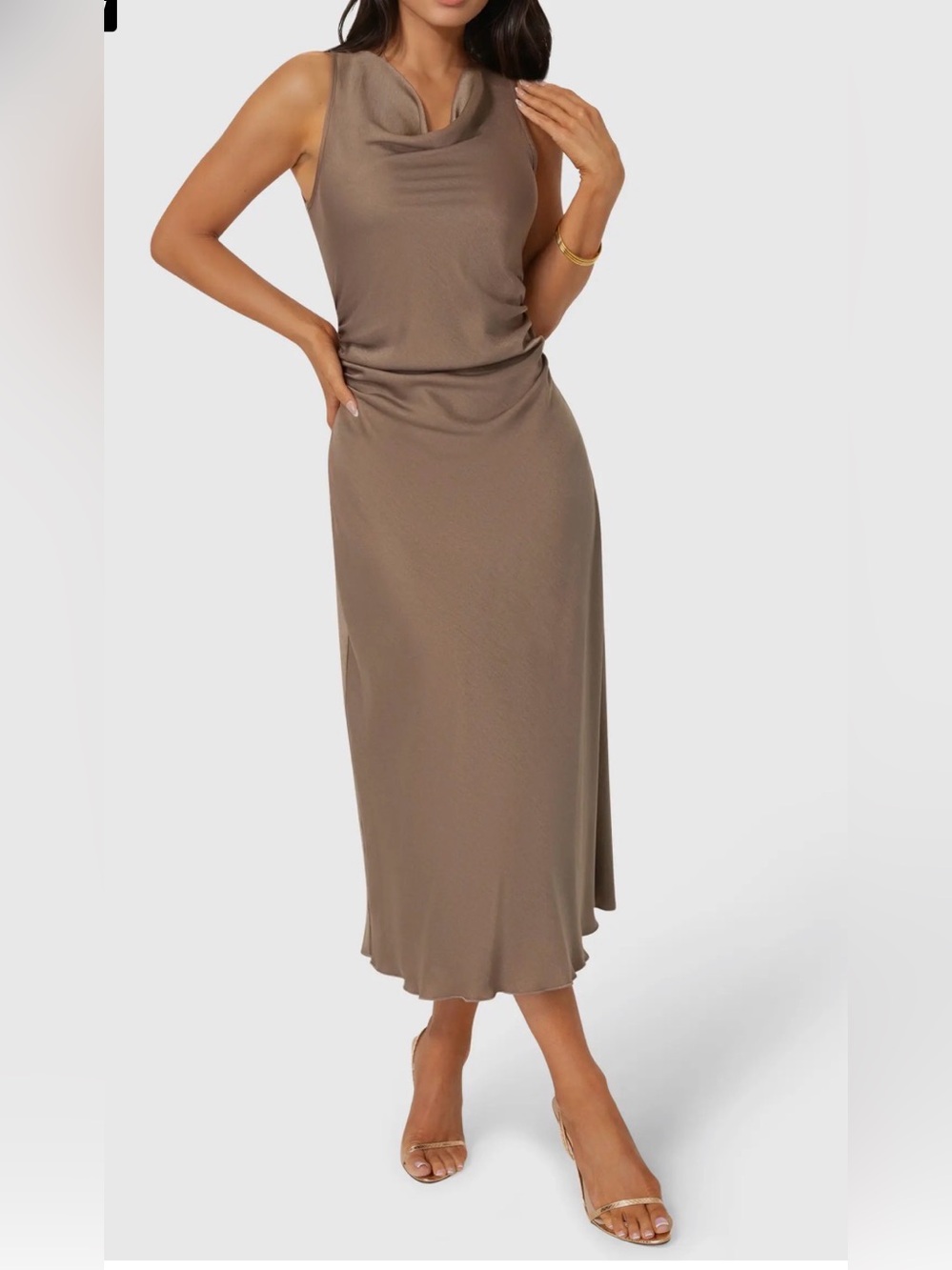 NWT Bebe cocoa tan cowl neck satin midi dress S